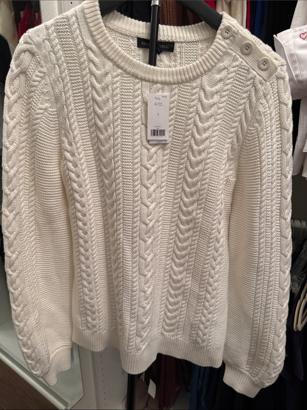 Banana Republic Cream Cable Crewneck Sweater with Shoulder Buttons